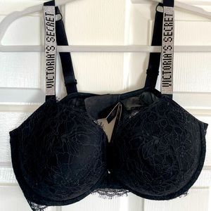 Victoria's Secret, Push-up bra, size 38D. Sparkle logo straps. Black lace.